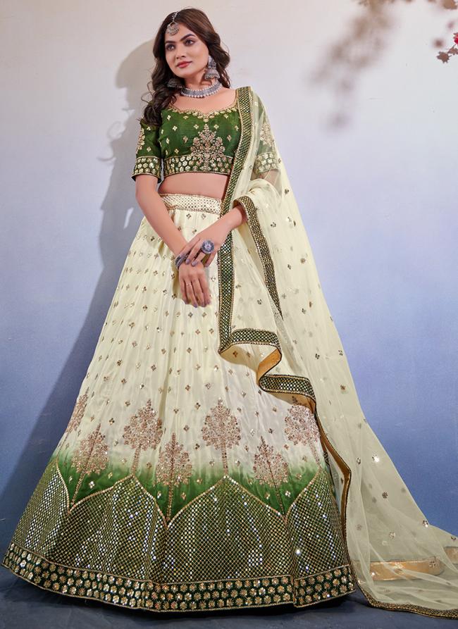 Premium Chinnon Green Wedding Wear Sequins Work Lehenga Choli